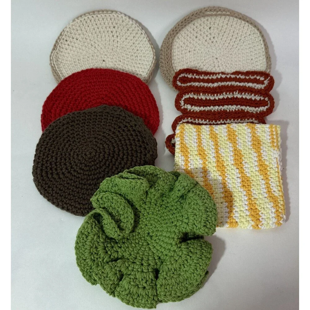 Lot of 7 Crochet Trivets that form a bacon cheeseburger, lettuce, tomato, bun